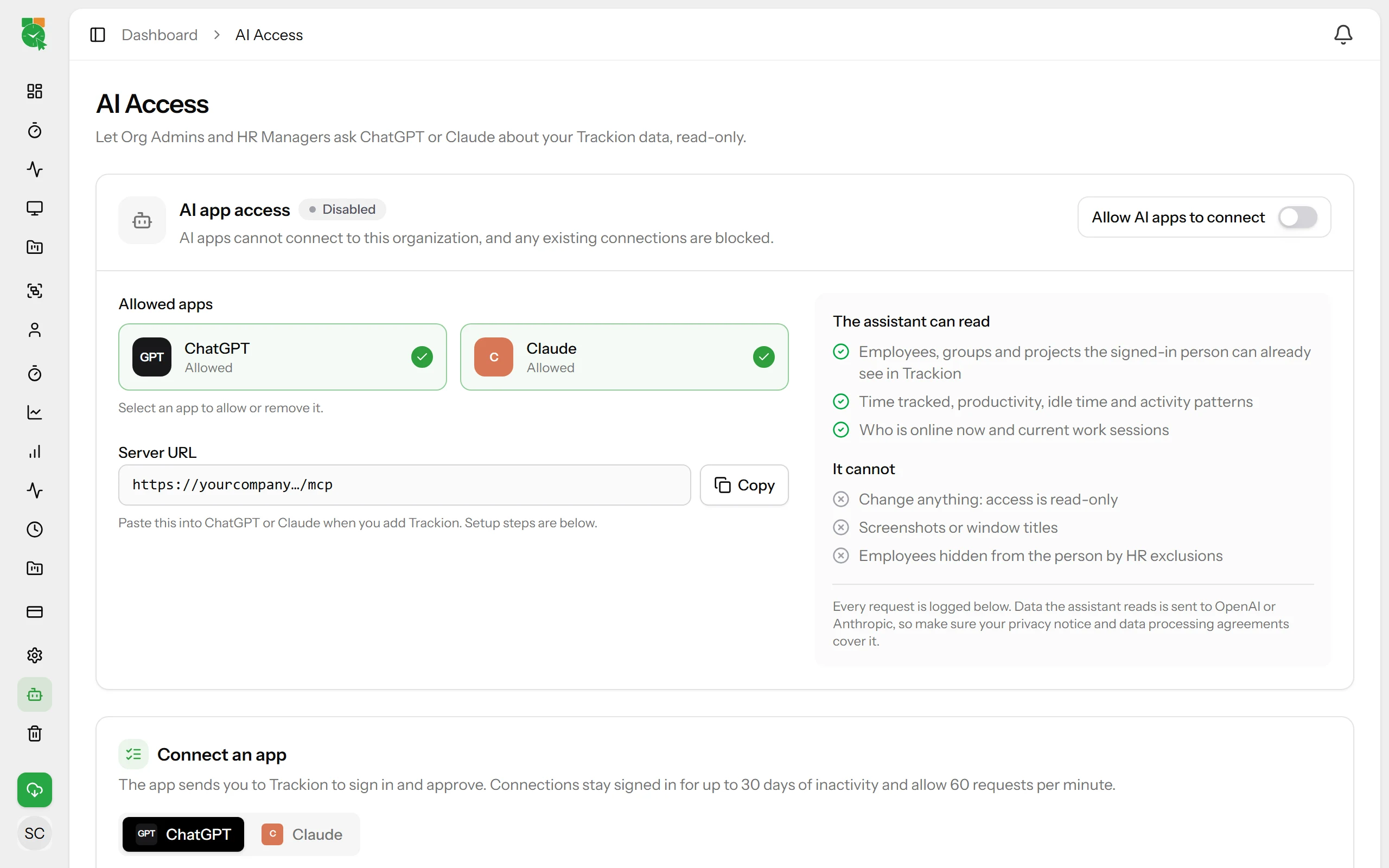 AI Access settings in Trackion, with the on and off switch, allowed apps and connected accounts